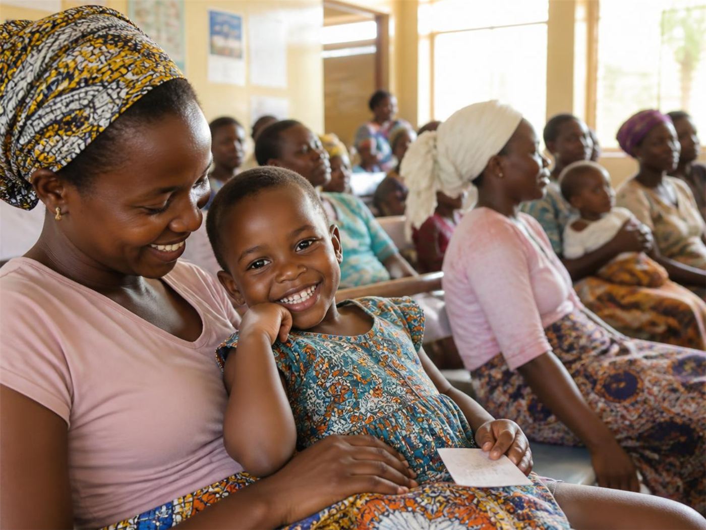 A mother holding her child at a health clinic
